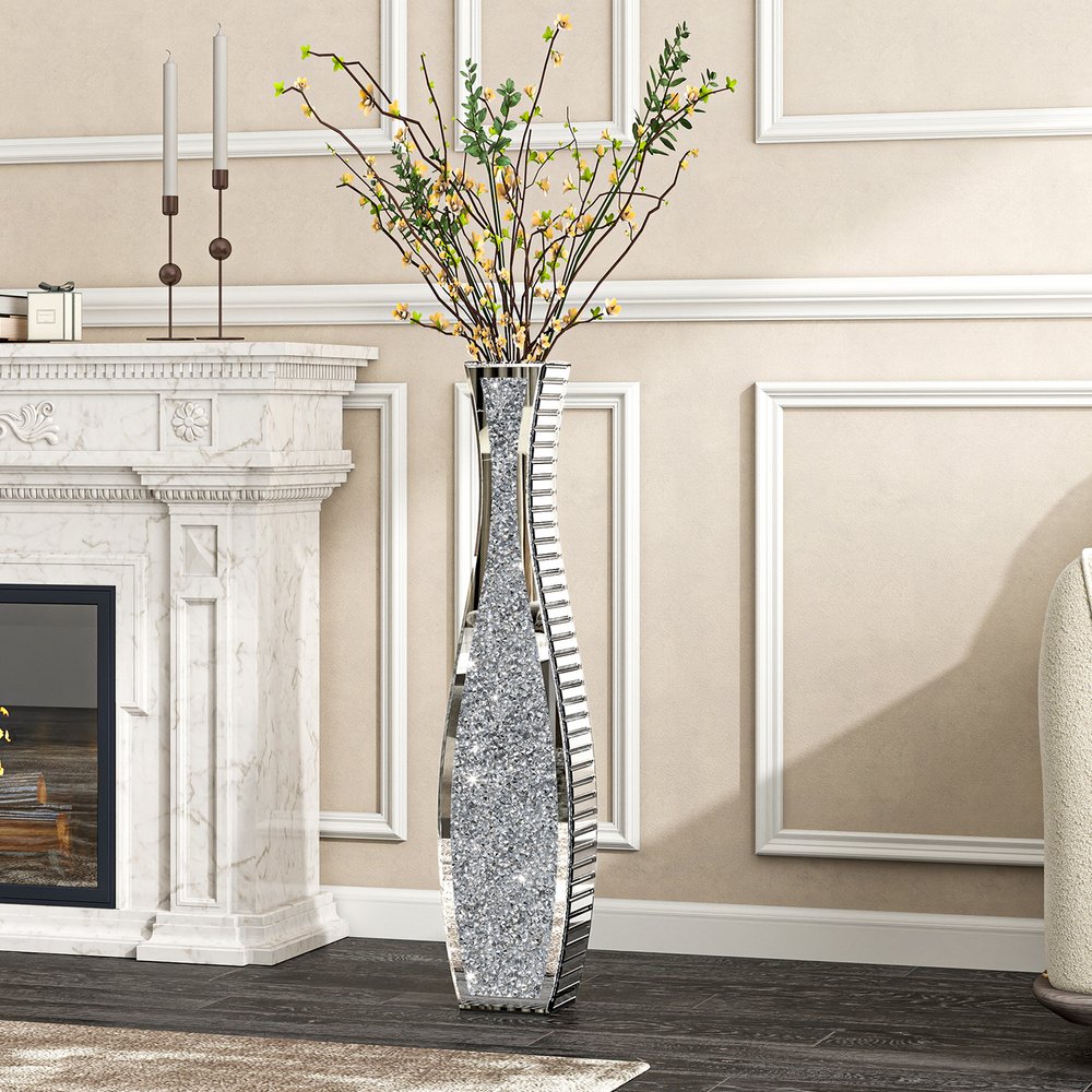 36" Silver Faux Crystal And Mirrored Glass Floor Vase