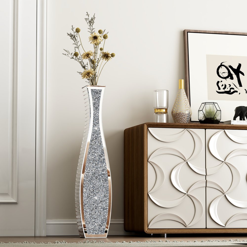 36" Silver Faux Crystal And Mirrored Glass Floor Vase