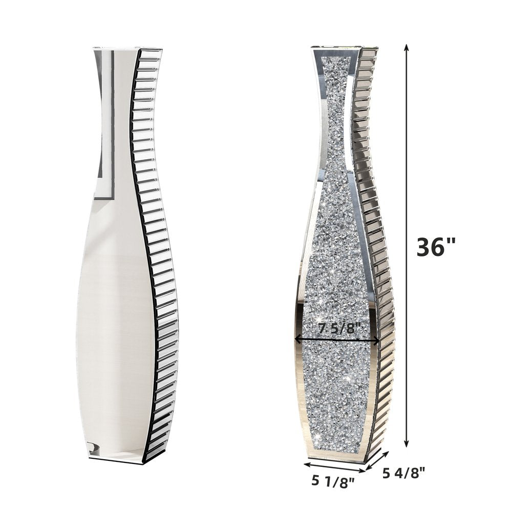 36" Silver Faux Crystal And Mirrored Glass Floor Vase