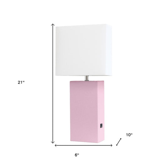 21" Blush Faux Leather USB Table Lamp LED With White Shade