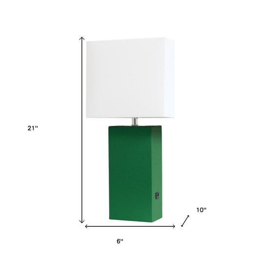 21" Green Faux Leather USB Table Lamp LED With White Shade