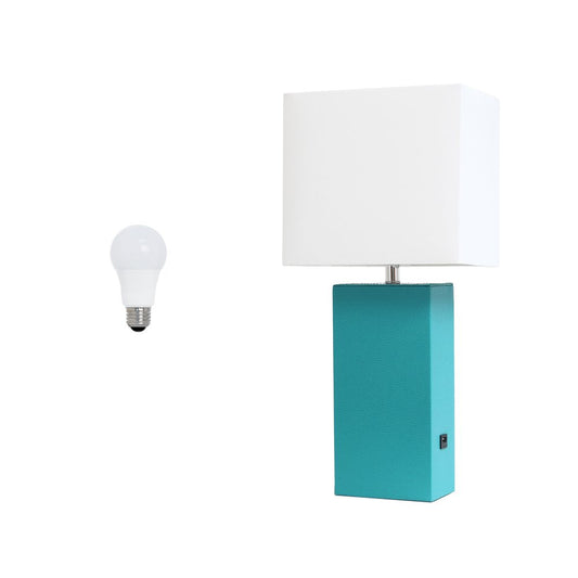 21" Teal Blue Faux Leather USB Table Lamp LED With White Shade