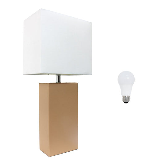 21" Beige Faux Leather Table Lamp LED With White Shade