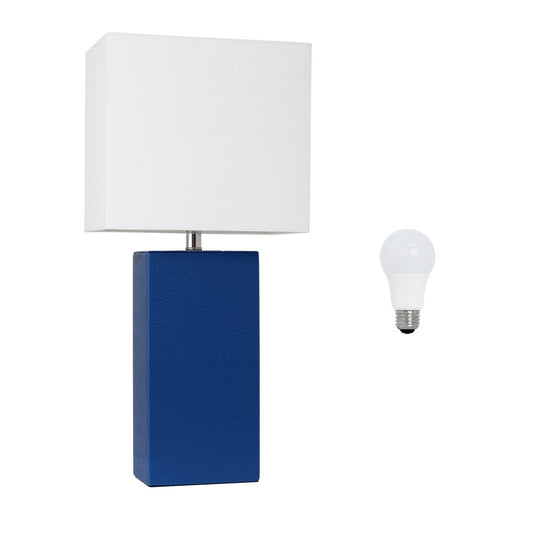 21" Blue Faux Leather Table Lamp LED With White Shade