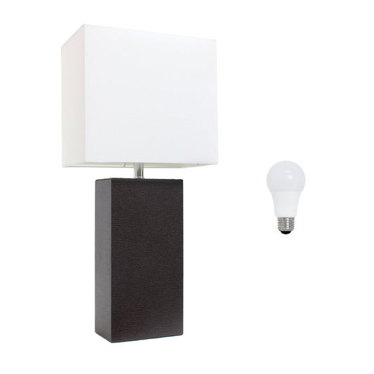 21" Espresso Faux Leather Table Lamp LED With White Shade