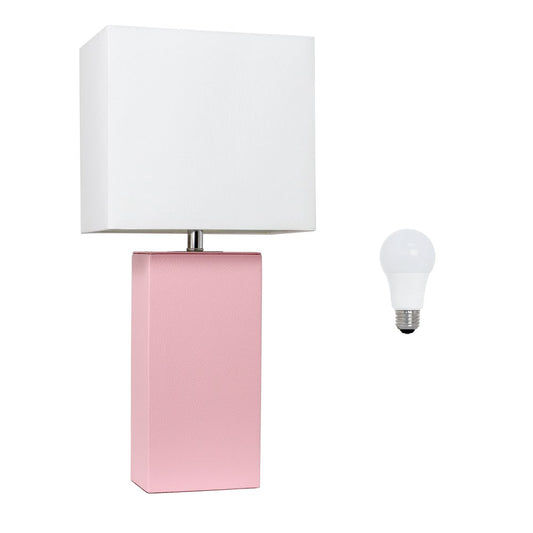 21" Pink Faux Leather Table Lamp LED With White Shade