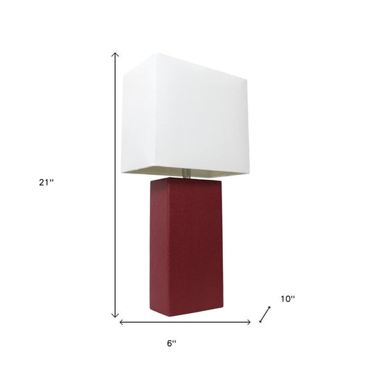 21" Red Faux Leather Table Lamp LED With White Shade