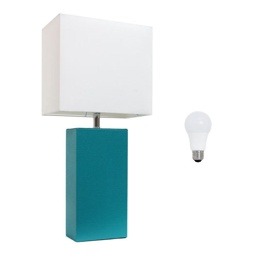 21" Teal Blue Faux Leather Table Lamp LED With White Shade