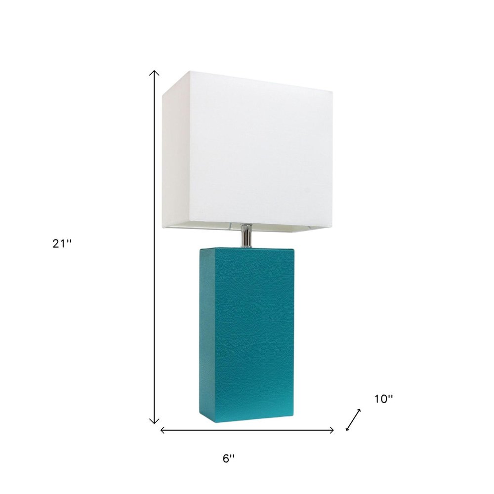 21" Teal Blue Faux Leather Table Lamp LED With White Shade