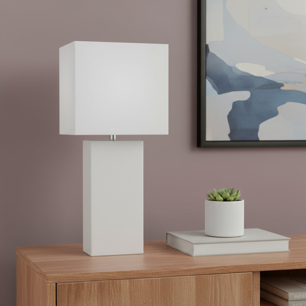 21" White Faux Leather Table Lamp LED With White Shade