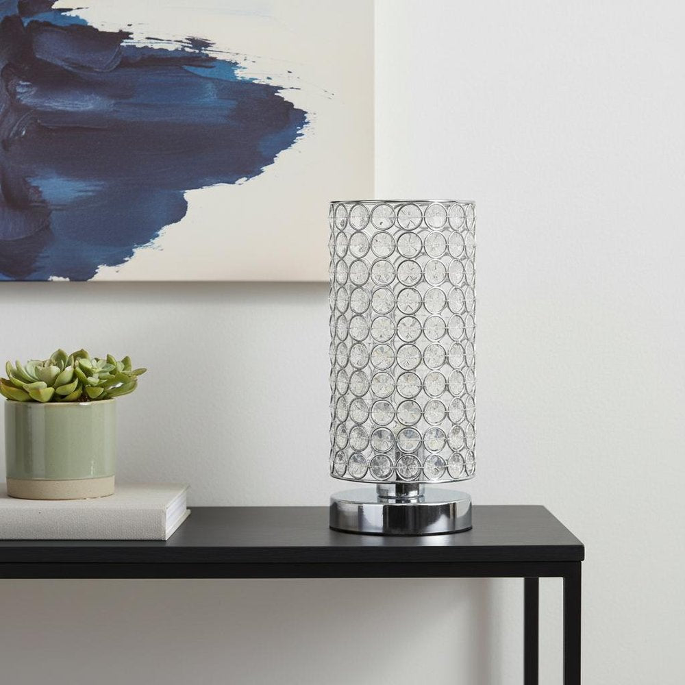 11" Silver Crystal Table Lamp With White Cylinder Shade