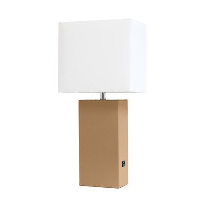 21" Beige Faux Leather USB Table Lamp With White Shade