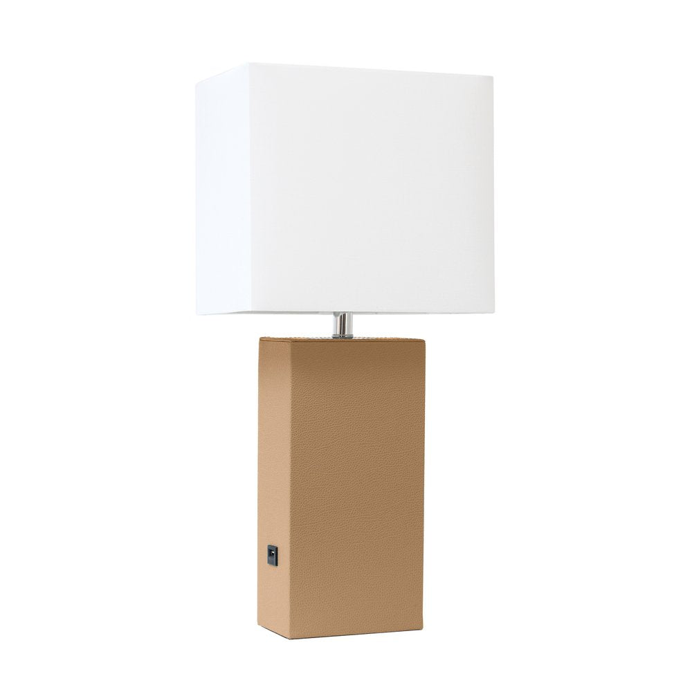 21" Beige Faux Leather USB Table Lamp With White Shade