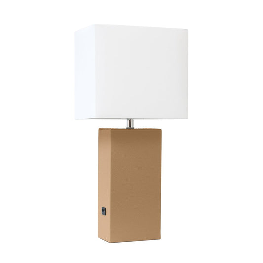 21" Beige Faux Leather USB Table Lamp With White Shade