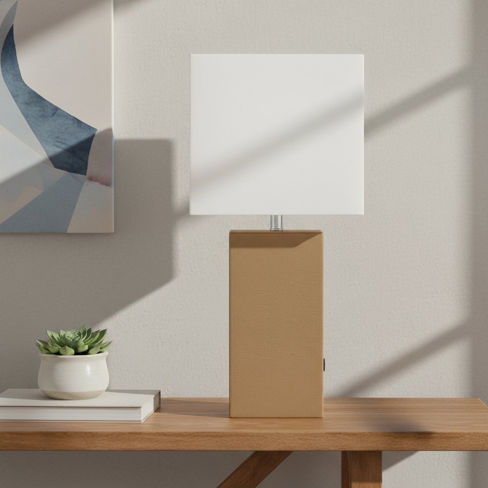 21" Beige Faux Leather USB Table Lamp With White Shade