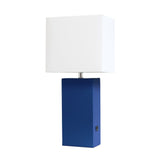 21" Blue Faux Leather USB Table Lamp With White Shade