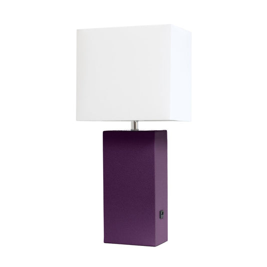 21" Eggplant Faux Leather USB Table Lamp With White Shade