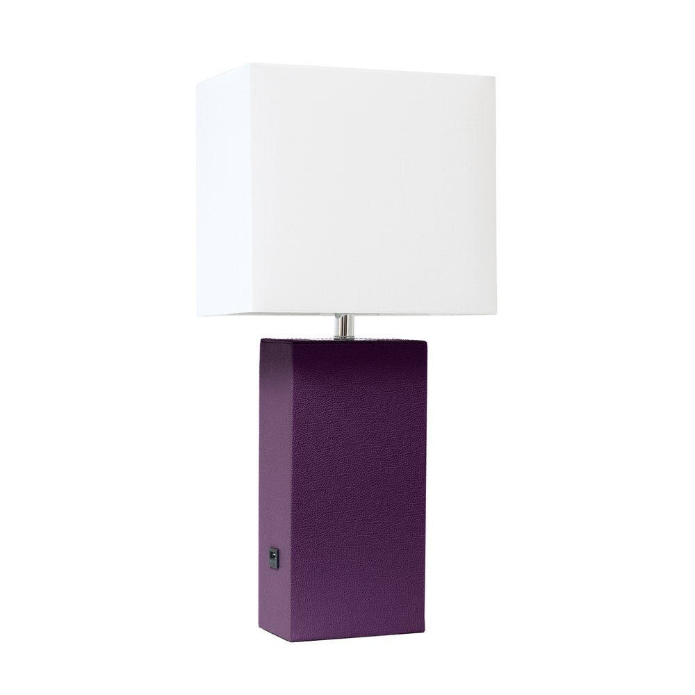 21" Eggplant Faux Leather USB Table Lamp With White Shade