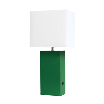 21" Green Faux Leather USB Table Lamp With White Shade