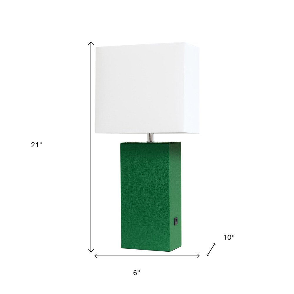 21" Green Faux Leather USB Table Lamp With White Shade