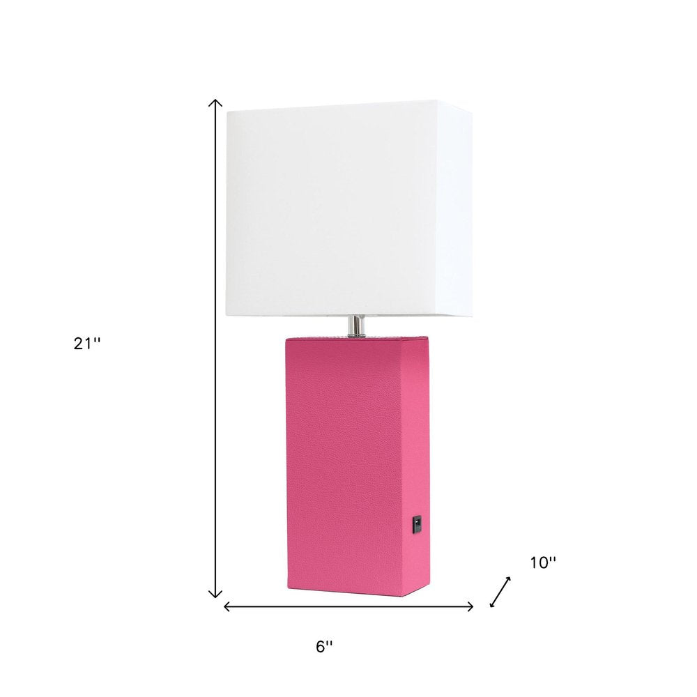 21" Hot Pink Faux Leather USB Table Lamp With White Shade