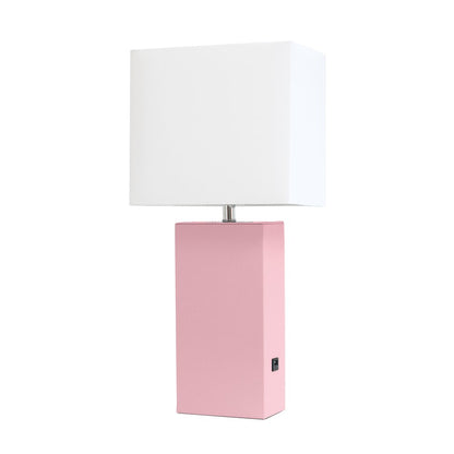 21" Pink Faux Leather USB Table Lamp With White Shade