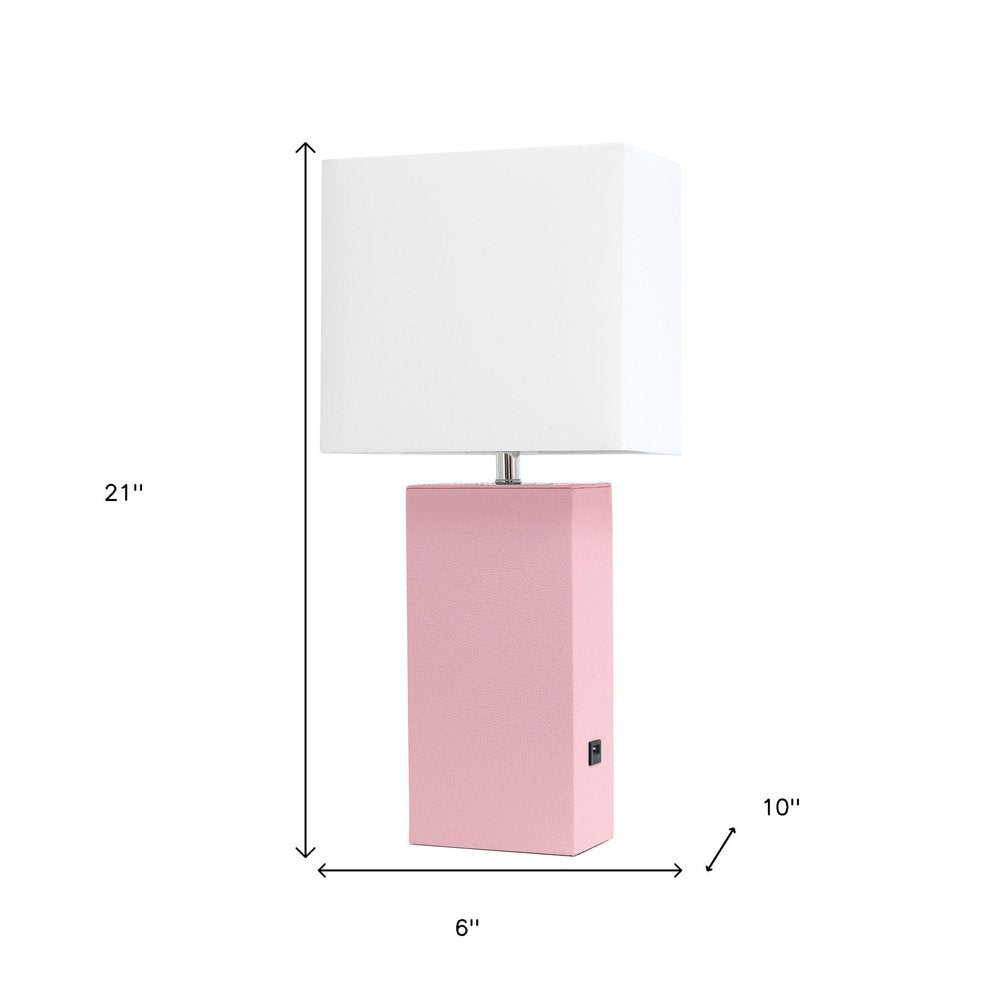 21" Pink Faux Leather USB Table Lamp With White Shade