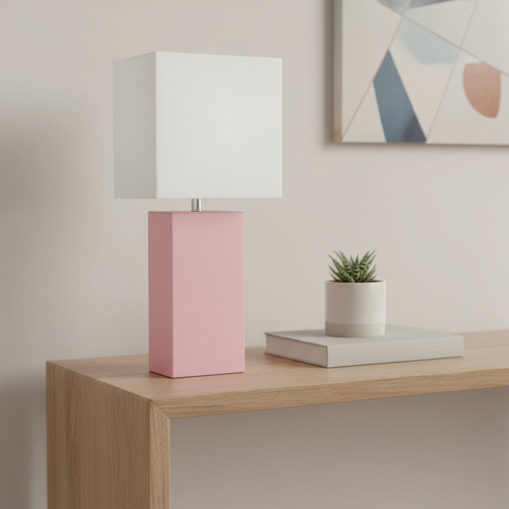 21" Pink Faux Leather USB Table Lamp With White Shade