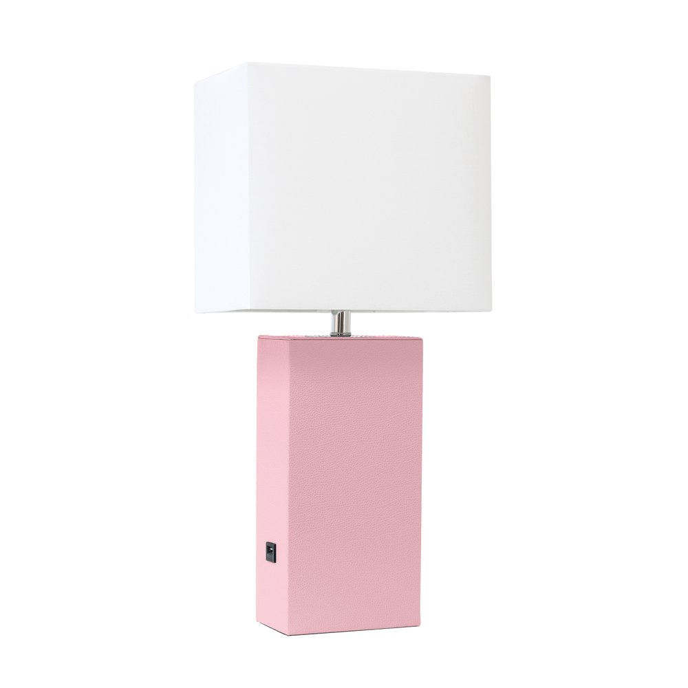21" Pink Faux Leather USB Table Lamp With White Shade