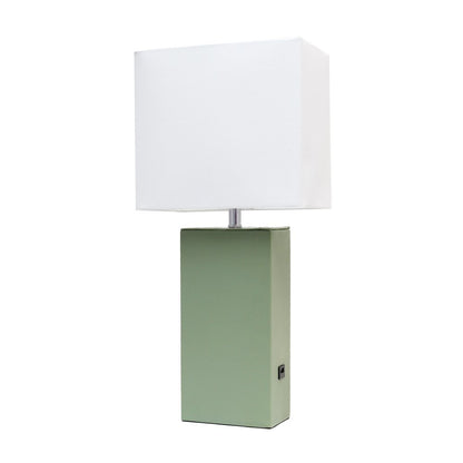 21" Sage Faux Leather USB Table Lamp With White Shade