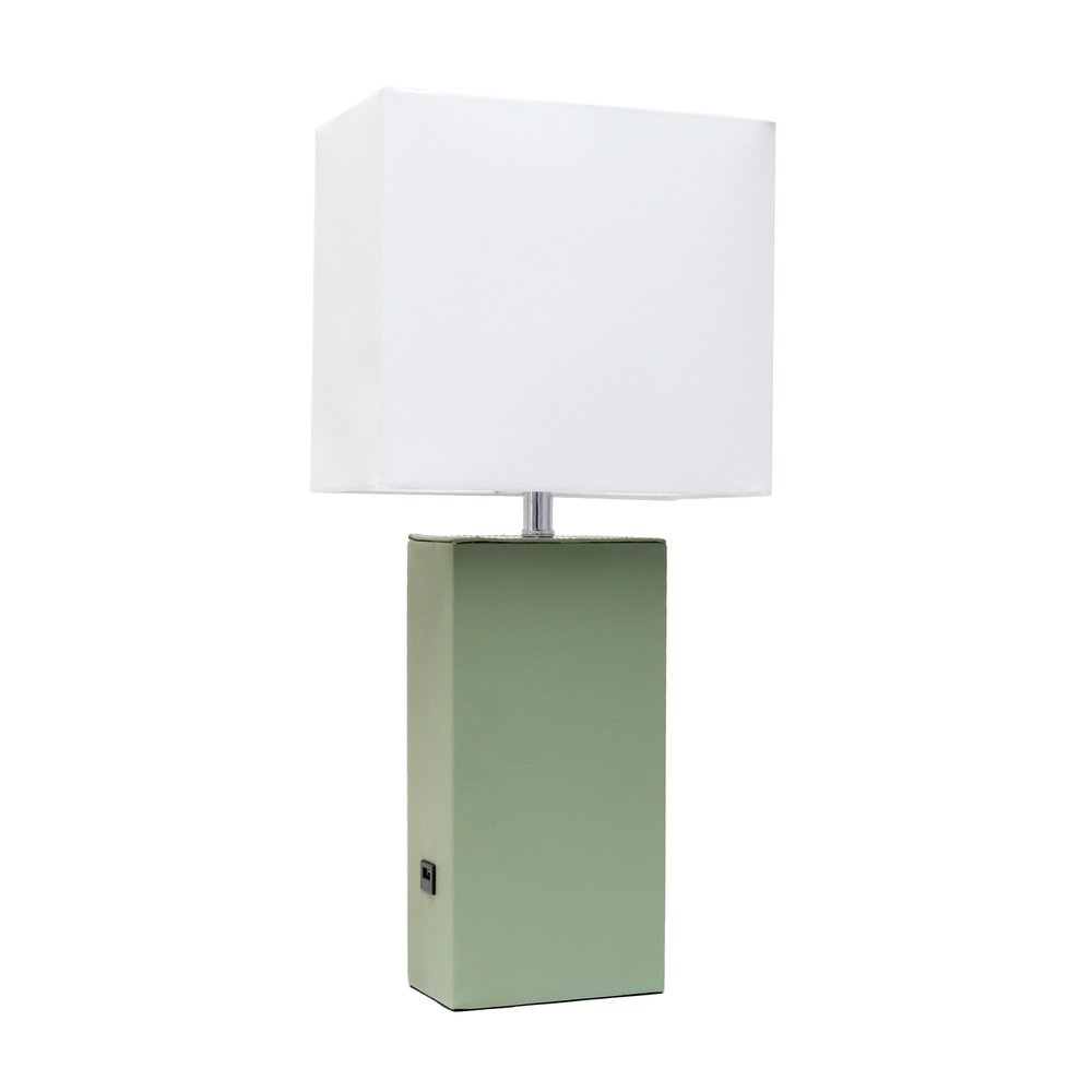 21" Sage Faux Leather USB Table Lamp With White Shade