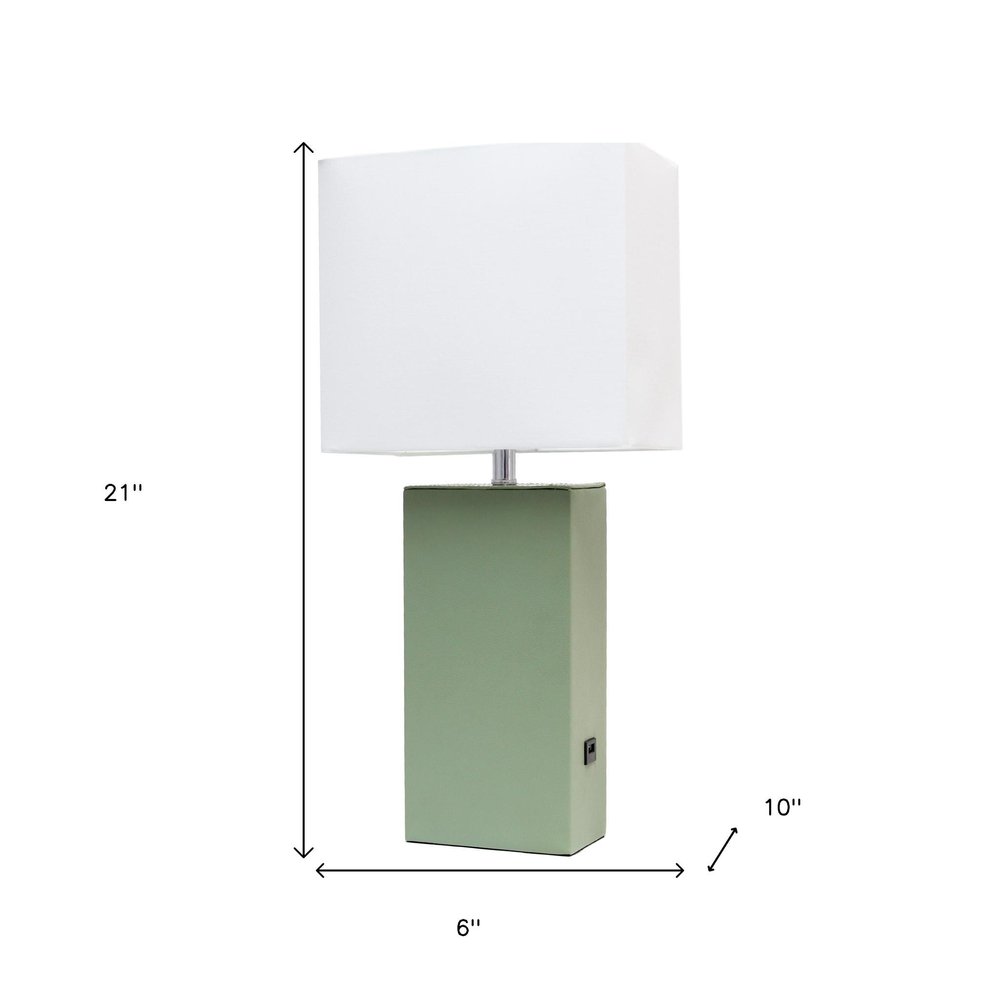 21" Sage Faux Leather USB Table Lamp With White Shade