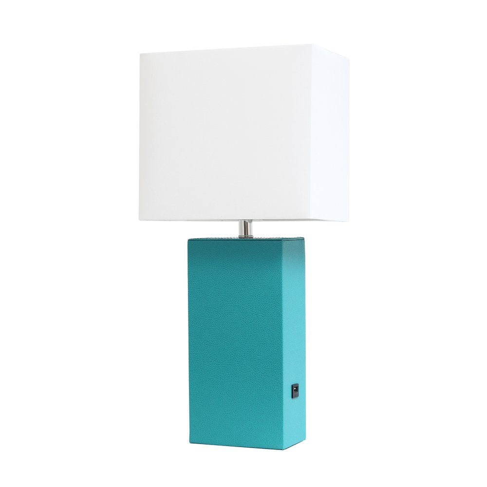 21" Teal Blue Faux Leather USB Table Lamp LED With White Shade