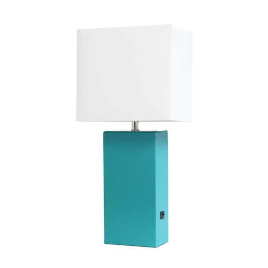 21" Teal Blue Faux Leather USB Table Lamp LED With White Shade