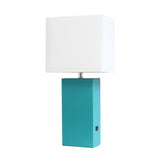 21" Teal Blue Faux Leather USB Table Lamp LED With White Shade