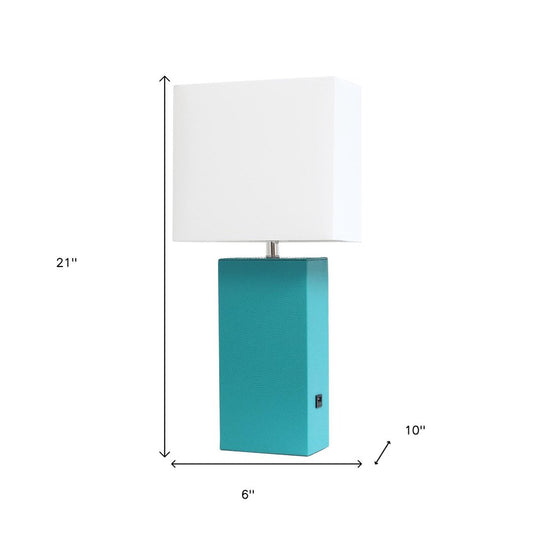 21" Teal Blue Faux Leather USB Table Lamp LED With White Shade