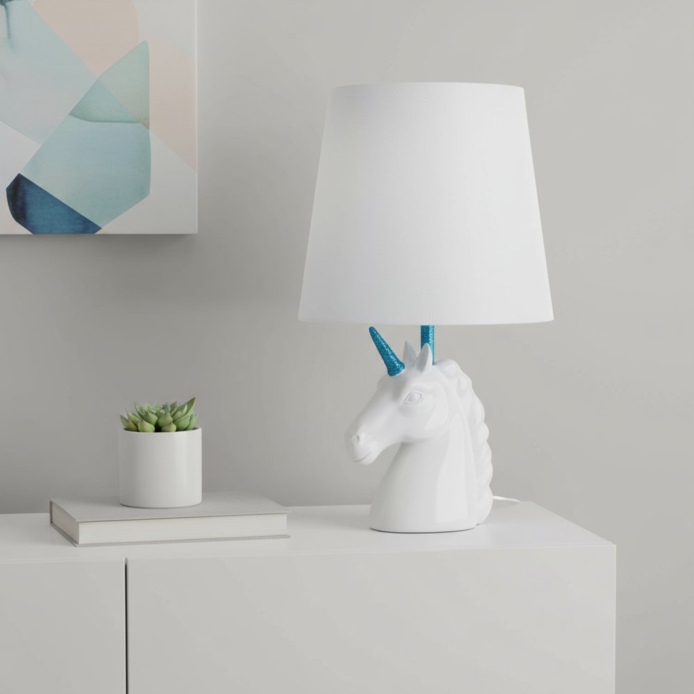 16" White And Blue Novelty Table Lamp With White Drum Shade