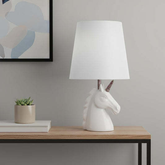 16" White And Rainbow Novelty Table Lamp With White Drum Shade