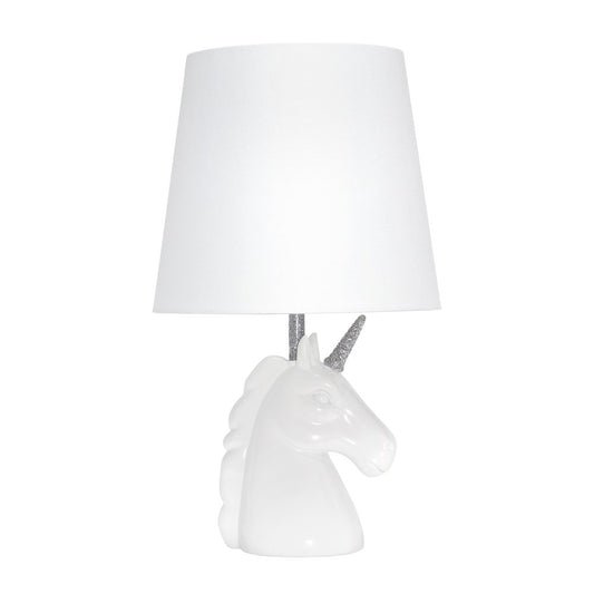 16" White And Silver Unicorn Table Lamp With White Drum Shade