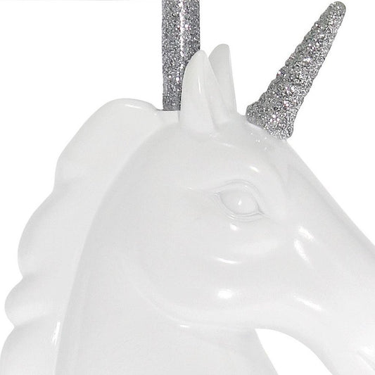 16" White And Silver Unicorn Table Lamp With White Drum Shade