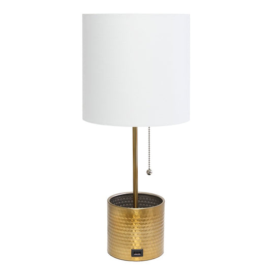 19" Gold Metal USB Table Lamp With White Drum Shade
