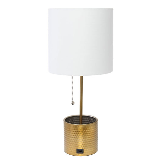 19" Gold Metal USB Table Lamp With White Drum Shade