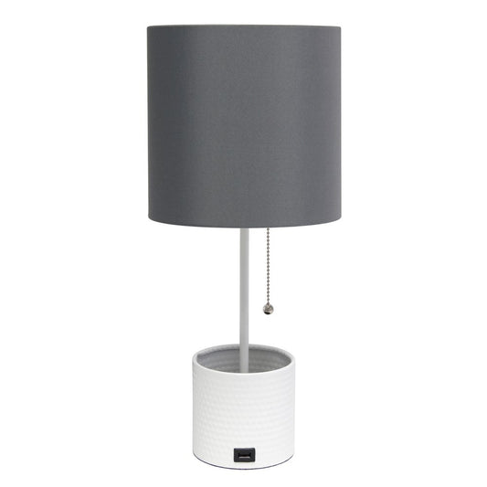 19" White Metal USB Table Lamp With Gray Drum Shade