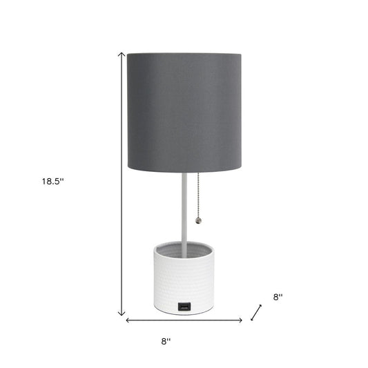 19" White Metal USB Table Lamp With Gray Drum Shade