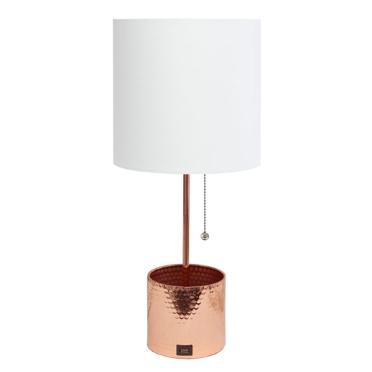 19" Rose Gold Metal USB Table Lamp With White Drum Shade