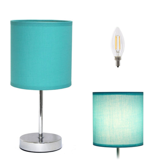 12" Silver Metal Table Lamp LED With Blue Drum Shade
