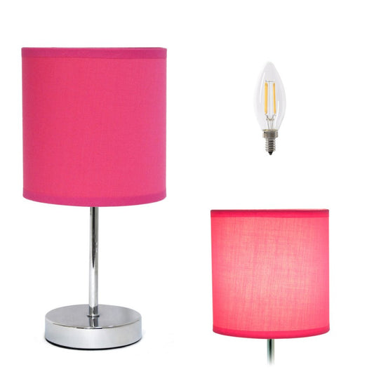 12" Silver Metal Table Lamp LED With Hot Pink Drum Shade