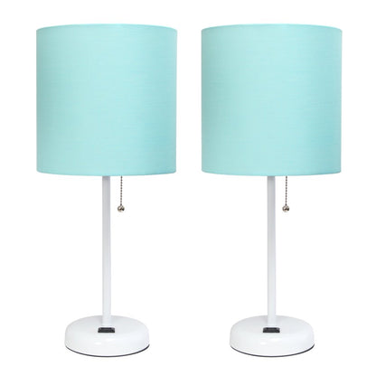 Set of Two 20" White Metal Table Lamp With Aqua Drum Shade