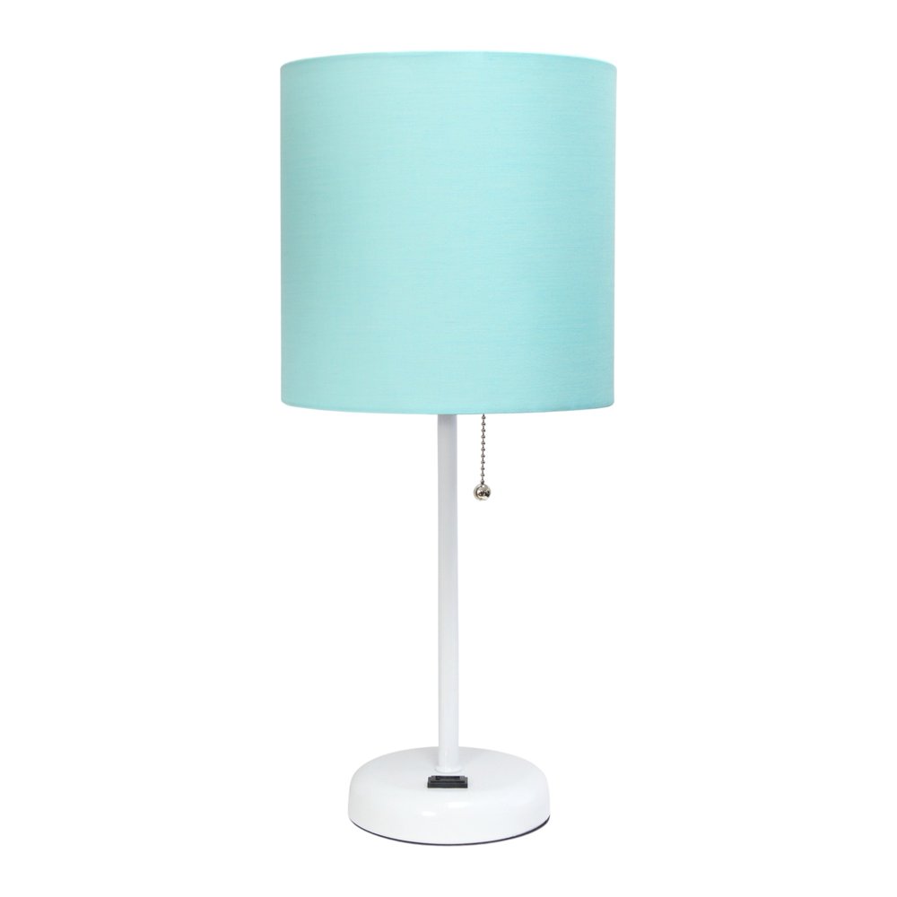 Set of Two 20" White Metal Table Lamp With Aqua Drum Shade