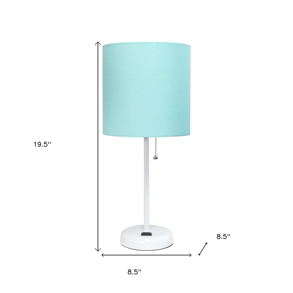 Set of Two 20" White Metal Table Lamp With Aqua Drum Shade